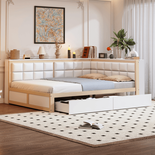 Sofá-cama em madeira 140 x 200 cm - cama multifuncional com encosto acolchoado e gaveta grande para arrumação - pinho cor de madeira