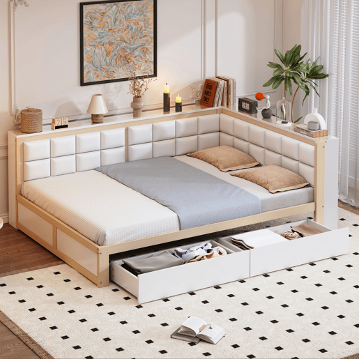Sofá-cama em madeira 140 x 200 cm - cama multifuncional com encosto acolchoado e gaveta grande para arrumação - pinho cor de madeira