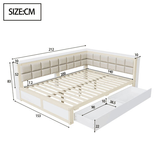 Sofá-cama em madeira 140 x 200 cm - cama multifuncional com encosto acolchoado e gaveta grande para arrumação - pinho cor de madeira