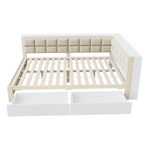 Sofá-cama em madeira 140 x 200 cm - cama multifuncional com encosto acolchoado e gaveta grande para arrumação - pinho cor de madeira