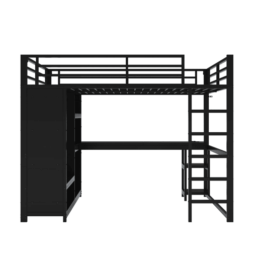 Cama alta para jogos 160x200 - LED, secretária, armário aberto e prateleiras - Preto