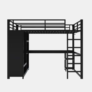 Cama alta para jogos 160x200 - LED, secretária, armário aberto e prateleiras - Preto