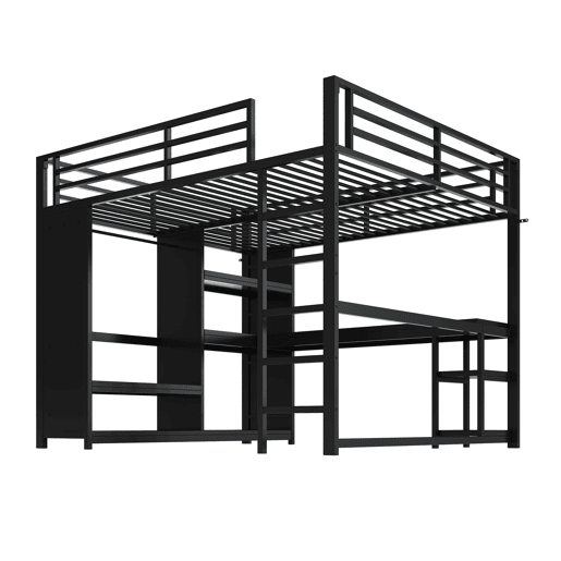 Cama alta para jogos 160x200 - LED, secretária, armário aberto e prateleiras - Preto