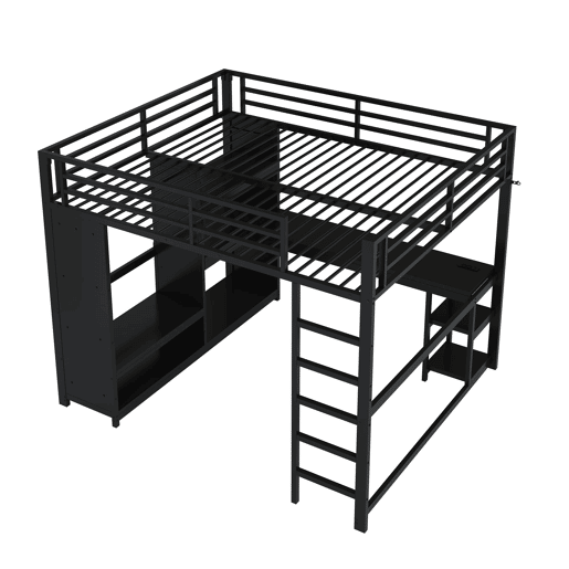 Cama alta para jogos 160x200 - LED, secretária, armário aberto e prateleiras - Preto