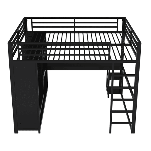 Cama alta para jogos 160x200 - LED, secretária, armário aberto e prateleiras - Preto
