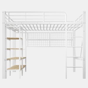 Cama alta 140x200 cm - Estrutura metálica, prateleira, barra para pendurar, espaço livre, faixa LED - Branco