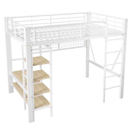 Cama alta 140x200 cm - Estrutura metálica, prateleira, barra para pendurar, espaço livre, faixa LED - Branco