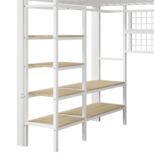 Cama alta 140x200 cm - Estrutura metálica, prateleira, barra para pendurar, espaço livre, faixa LED - Branco
