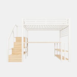 Beliche alto 140x200 - estrutura metálica, estante, secretária, LED, USB, Tipo-C - Branco