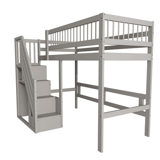 Cama alta em madeira maciça 90x200 - com escada e armário de arrumação, cama individual para crianças e jovens - cinzenta