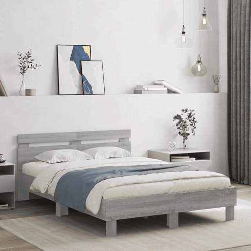 Estrutura de cama de casal c cabeceiraluzes LED - 135x190cm cinzento sonoma