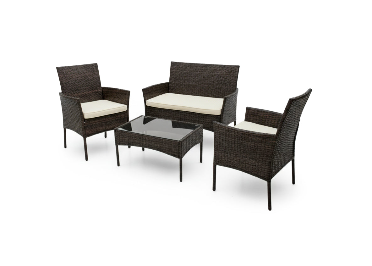 Conjunto sofa + 2 sillas + mesa en ratan pe. muebles de jardin y terraza, ratan marron