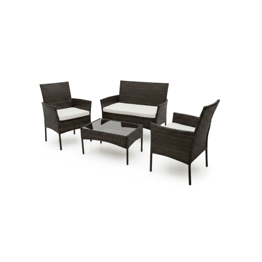 Conjunto de sofá + 2 cadeiras + mesa em rattan PE. Mobiliário para jardim e pátio, rattan castanho.