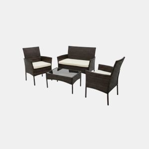 Conjunto de sofá + 2 cadeiras + mesa em rattan PE. Mobiliário para jardim e pátio, rattan castanho.