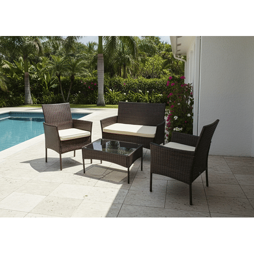 Conjunto de sofá + 2 cadeiras + mesa em rattan PE. Mobiliário para jardim e pátio, rattan castanho.