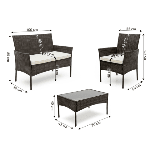 Conjunto de sofá + 2 cadeiras + mesa em rattan PE. Mobiliário para jardim e pátio, rattan castanho.