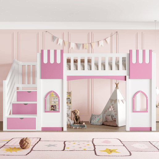 Cama alta 90x200 cm - Escada com arrumação e janela - Branco e rosa