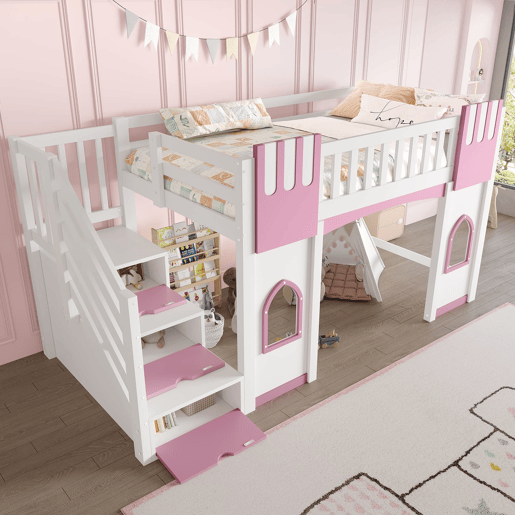 Cama alta 90x200 cm - Escada com arrumação e janela - Branco e rosa