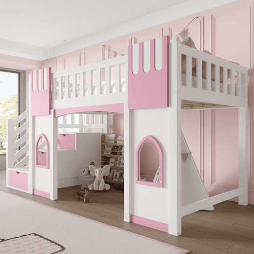 Cama alta 90x200 cm - Escada com arrumação e janela - Branco e rosa