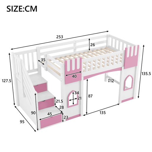 Cama alta 90x200 cm - Escada com arrumação e janela - Branco e rosa