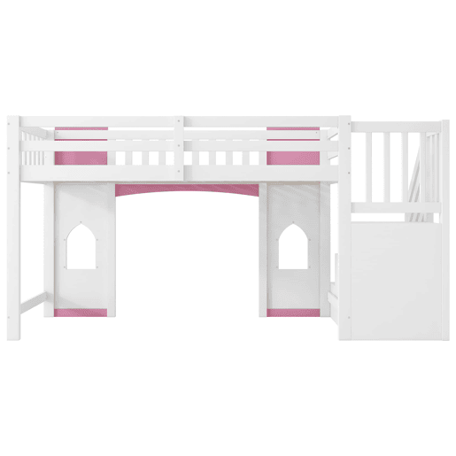 Cama alta 90x200 cm - Escada com arrumação e janela - Branco e rosa