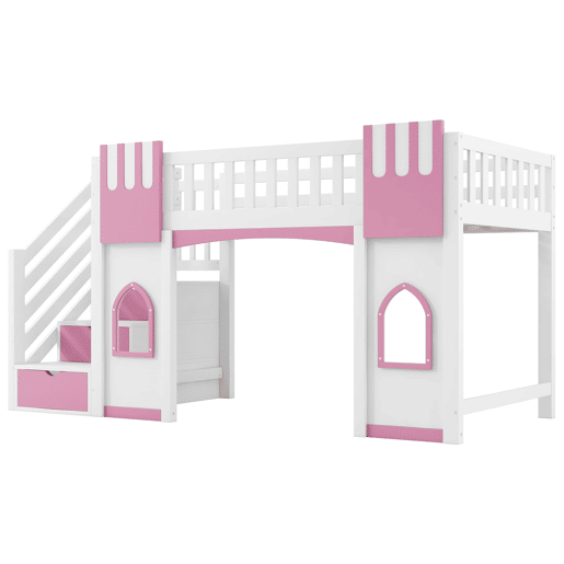 Cama alta 90x200 cm - Escada com arrumação e janela - Branco e rosa