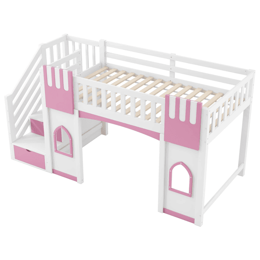 Cama alta 90x200 cm - Escada com arrumação e janela - Branco e rosa