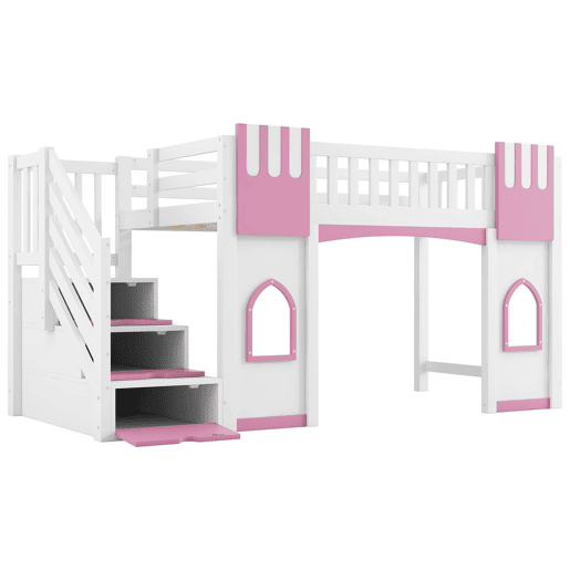 Cama alta 90x200 cm - Escada com arrumação e janela - Branco e rosa