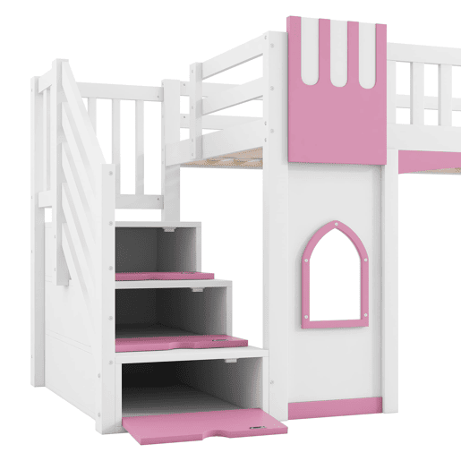 Cama alta 90x200 cm - Escada com arrumação e janela - Branco e rosa