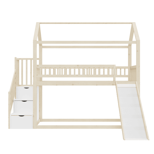 Cama alta infantil 90x200 cm - com escorrega, escada com arrumação, corrimão alto, estrutura em madeira maciça, estrado - cor madeira Cama alta infantil 90x200 cm - com escorrega, escada com arrumação, corrimão alto, estrutura em madeira maciça, estrado - cor madeira