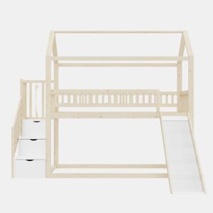 Cama alta infantil 90x200 cm - com escorrega, escada com arrumação, corrimão alto, estrutura em madeira maciça, estrado - cor madeira