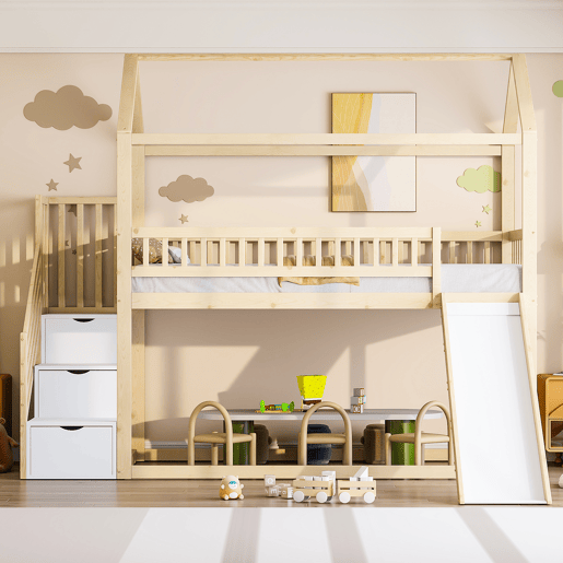 Cama alta infantil 90x200 cm - com escorrega, escada com arrumação, corrimão alto, estrutura em madeira maciça, estrado - cor madeira Cama alta infantil 90x200 cm - com escorrega, escada com arrumação, corrimão alto, estrutura em madeira maciça, estrado - cor madeira