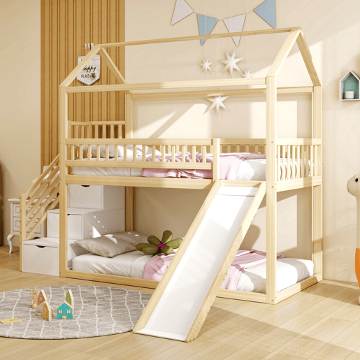 Cama alta infantil 90x200 cm - com escorrega, escada com arrumação, corrimão alto, estrutura em madeira maciça, estrado - cor madeira Cama alta infantil 90x200 cm - com escorrega, escada com arrumação, corrimão alto, estrutura em madeira maciça, estrado - cor madeira