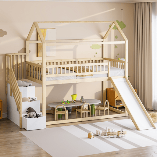 Cama alta infantil 90x200 cm - com escorrega, escada com arrumação, corrimão alto, estrutura em madeira maciça, estrado - cor madeira Cama alta infantil 90x200 cm - com escorrega, escada com arrumação, corrimão alto, estrutura em madeira maciça, estrado - cor madeira