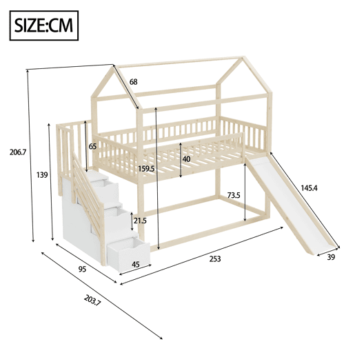 Cama alta infantil 90x200 cm - com escorrega, escada com arrumação, corrimão alto, estrutura em madeira maciça, estrado - cor madeira Cama alta infantil 90x200 cm - com escorrega, escada com arrumação, corrimão alto, estrutura em madeira maciça, estrado - cor madeira