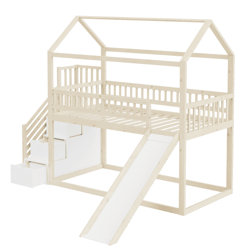Cama alta infantil 90x200 cm - com escorrega, escada com arrumação, corrimão alto, estrutura em madeira maciça, estrado - cor madeira Cama alta infantil 90x200 cm - com escorrega, escada com arrumação, corrimão alto, estrutura em madeira maciça, estrado - cor madeira