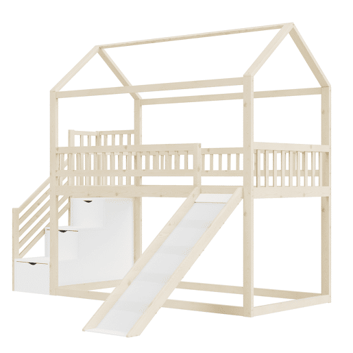 Cama alta infantil 90x200 cm - com escorrega, escada com arrumação, corrimão alto, estrutura em madeira maciça, estrado - cor madeira Cama alta infantil 90x200 cm - com escorrega, escada com arrumação, corrimão alto, estrutura em madeira maciça, estrado - cor madeira