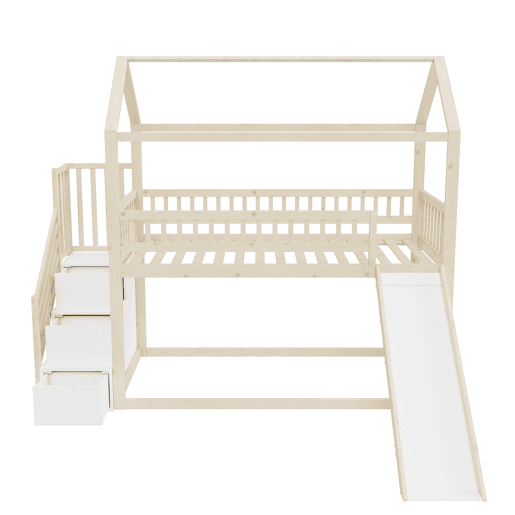Cama alta infantil 90x200 cm - com escorrega, escada com arrumação, corrimão alto, estrutura em madeira maciça, estrado - cor madeira Cama alta infantil 90x200 cm - com escorrega, escada com arrumação, corrimão alto, estrutura em madeira maciça, estrado - cor madeira