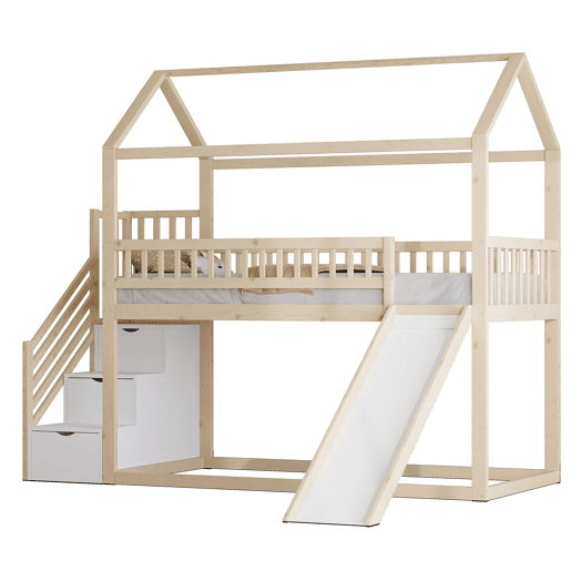 Cama alta infantil 90x200 cm - com escorrega, escada com arrumação, corrimão alto, estrutura em madeira maciça, estrado - cor madeira Cama alta infantil 90x200 cm - com escorrega, escada com arrumação, corrimão alto, estrutura em madeira maciça, estrado - cor madeira