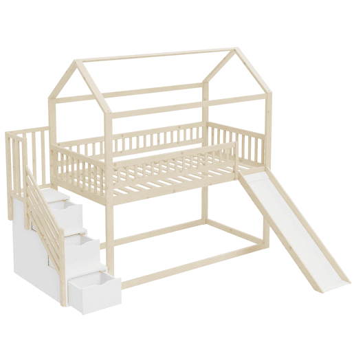 Cama alta infantil 90x200 cm - com escorrega, escada com arrumação, corrimão alto, estrutura em madeira maciça, estrado - cor madeira Cama alta infantil 90x200 cm - com escorrega, escada com arrumação, corrimão alto, estrutura em madeira maciça, estrado - cor madeira