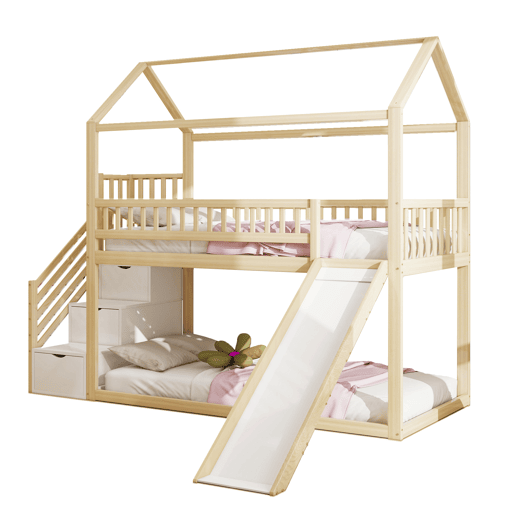 Cama alta infantil 90x200 cm - com escorrega, escada com arrumação, corrimão alto, estrutura em madeira maciça, estrado - cor madeira Cama alta infantil 90x200 cm - com escorrega, escada com arrumação, corrimão alto, estrutura em madeira maciça, estrado - cor madeira