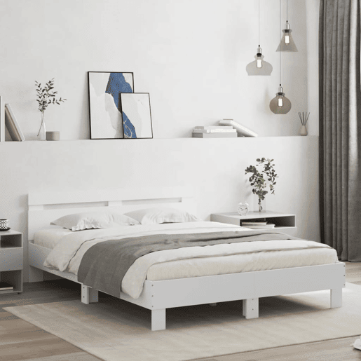 Estrutura de Cama de casal para adultos com cabeceira e luzes LED 140x190 cm branco
