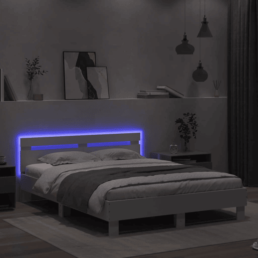 Estrutura de Cama de casal para adultos com cabeceira e luzes LED 140x190 cm branco