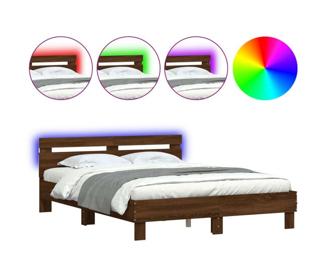 Estructura de cama matrimonial moderno con cabecero y luces led marrón roble 140x190 cm