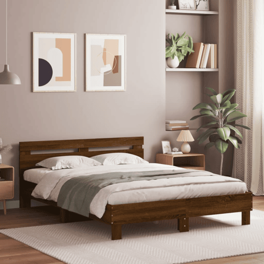 Estrutura de cama de casal c cabeceiraluzes LED - 140x190 cm carvalho castanho