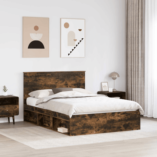 Estrutura de cama de casal com cabeceira - Carvalho Defumado 140 x 190 cm
