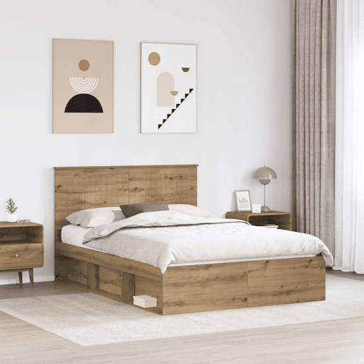 Estrutura de cama de casal moderno com cabeceira - Carvalho Artesanal 140 x 190 cm