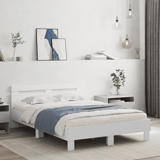 Estrutura de Cama de casal para adultos com cabeceira e luzes LED 135x190 cm branco