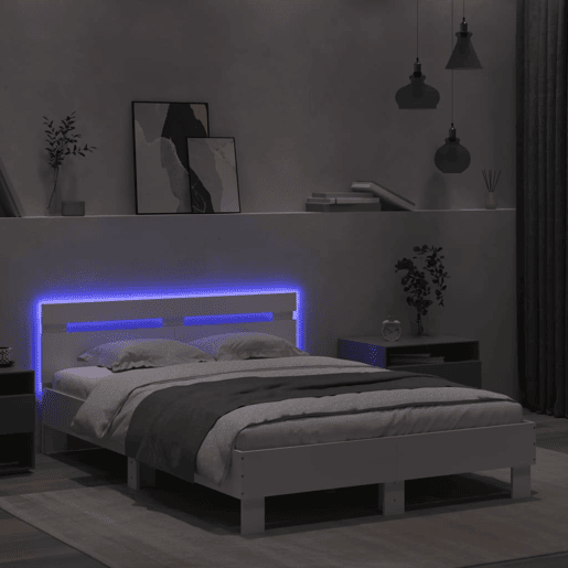 Estrutura de Cama de casal para adultos com cabeceira e luzes LED 135x190 cm branco