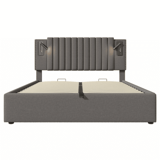 Cama estofada 180x200 - com baú rebatível, luz de leitura com porta USB, cabeceira com encosto e design com rebites, base incluída - cinzenta